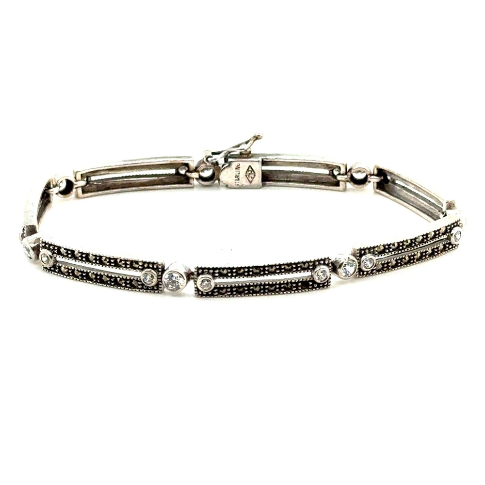 Judith Jack Sterling Silver Marcasite CZ Art Deco Style Link Bracelet 7.25in